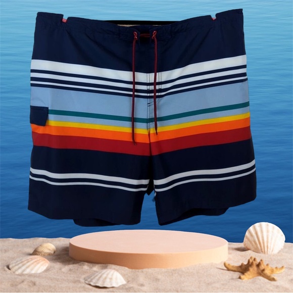 [g] George XL Men’s Swim Shorts Navy Yellow Red Orange White Pockets Drawstring - Picture 1 of 16